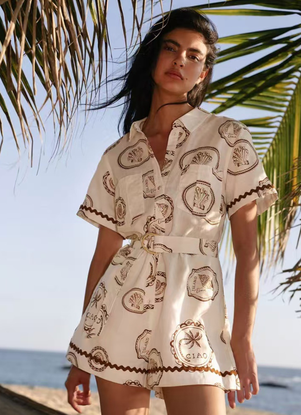 Kivari Ciao Printed Linen-Cotton Belted Romper